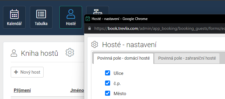 Hosté - nastavenie povinných polí