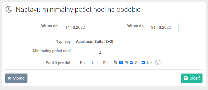 Nastavení minimálního počtu nocí